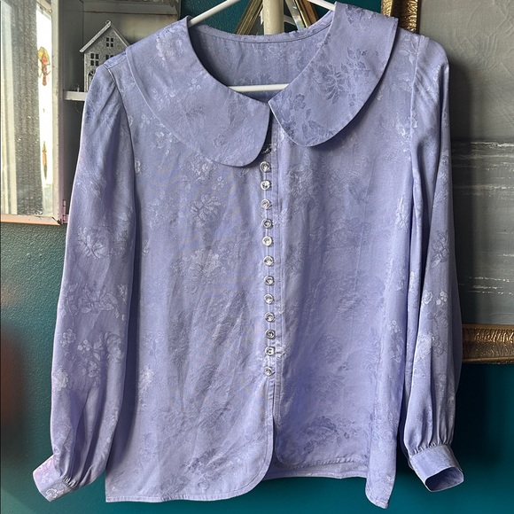 Vintage Tops - Vintage Lavender Satin Jacquard Peter Pan Collar Blouse Button Front Top